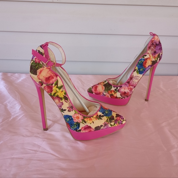 Madison By Shoe Dazzle Women's SZ 7.5 Pink Floral Patent Leather Stiletto Heel - Picture 1 of 12